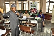 Resource person, Chief Pascal Egwim delivering his lecture at the procurement- in- house sensitization workshop