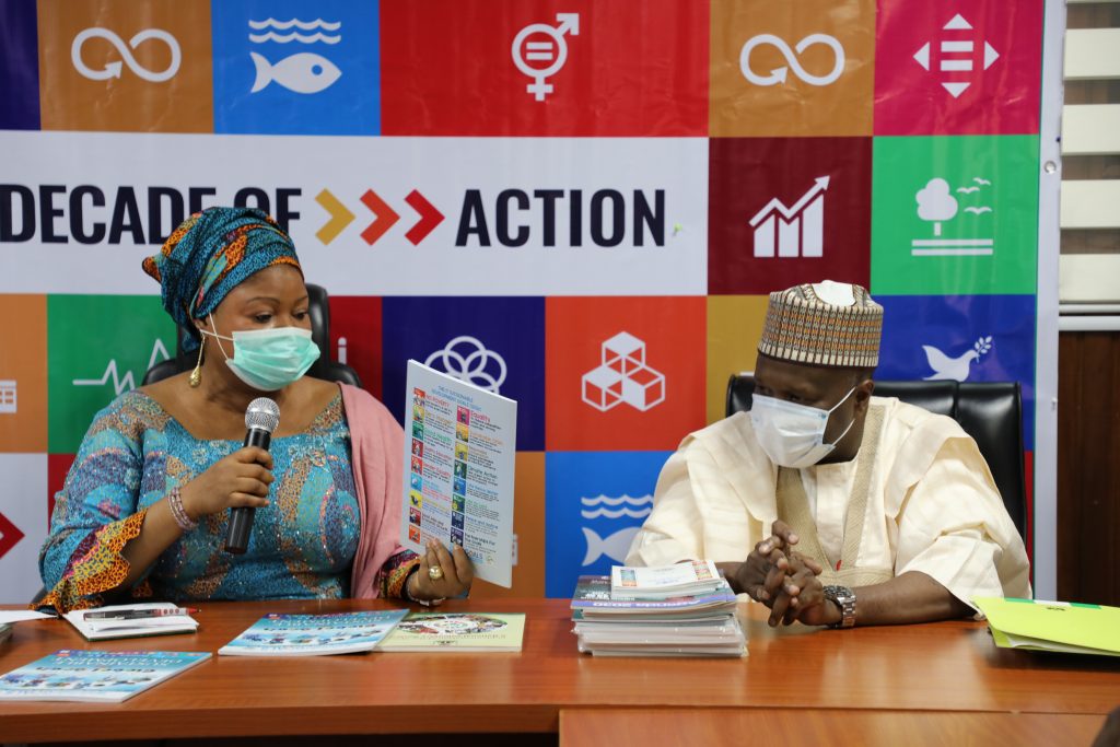 L-R; SSAP-SDGs Princess Adejoke Orelope-Adefulire and Executive Governor of Gombe State, Alh. Muhammedu Inuwa Yahay, during Courtesy visit to the SSAP-SDGs in Abuja.