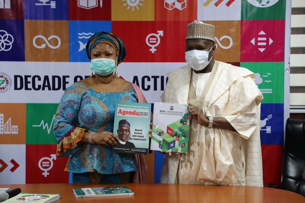 L-R; SSAP-SDGs Princess Adejoke Orelope-Adefulire presenting Agenda 2030 Magazine to the Executive Governor of Gombe State, Alh. Muhammadu Inuwa Yahaya, during his courtesy visit to the SSAP-SDGs in Abuja.