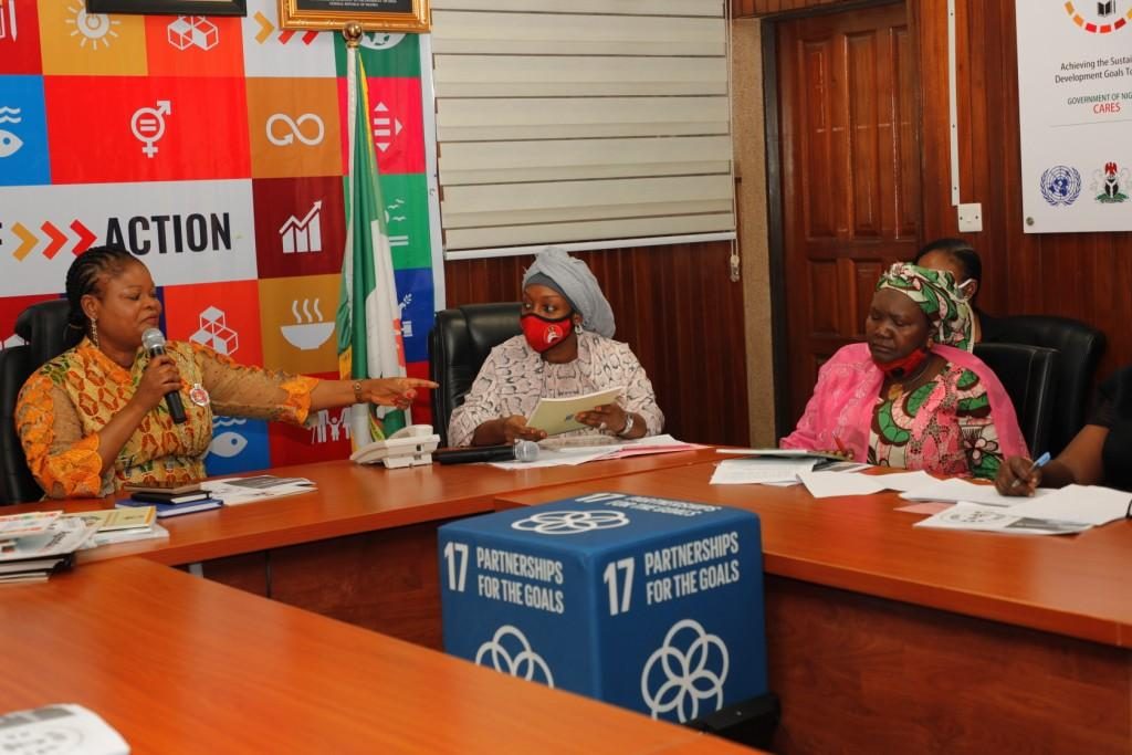 L –R: Senior Special Assistant to the President on Sustainable Development Goals, Princess Adejoke Orelope – Adefulire, Leader of EFCC delegation team and Head of External Cooperation, Mrs. Hadiza Gamawa Zubairu and Mrs. Larai Musa the Head, Creative Communications, EFCC Office, during the Courtesy Visit by the delegation to the SDGs Office in Abuja, 10th November, 2020.