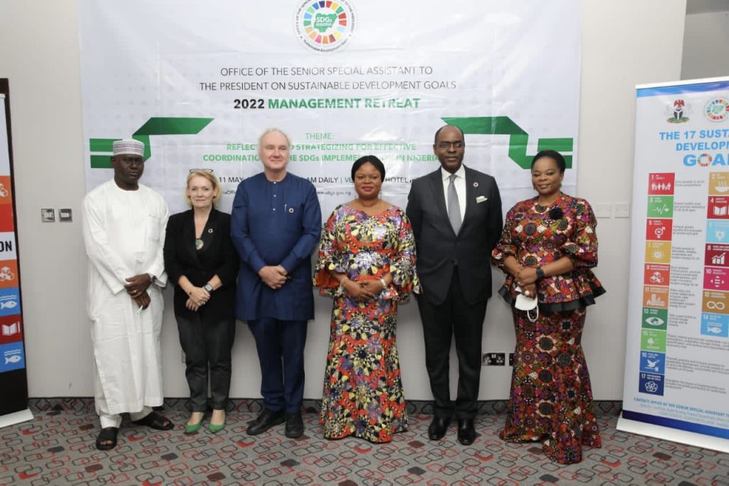 L-R: Secretary of Programmes, OSSAP-SDGs, Engr. Ahmad Kawu; UN Resident Coordinator in Nigeria a.i., Mr. Matthias Schmale; SSA to the President on SDGs, Princess Adejoke Orelope-Adefulire; Co-Chair of Private Sector Advisory Group on SDGs, Mr. Bolaji Balogun; and CEO, African Business Coalition on Health, Ms. Mories Atoki.
